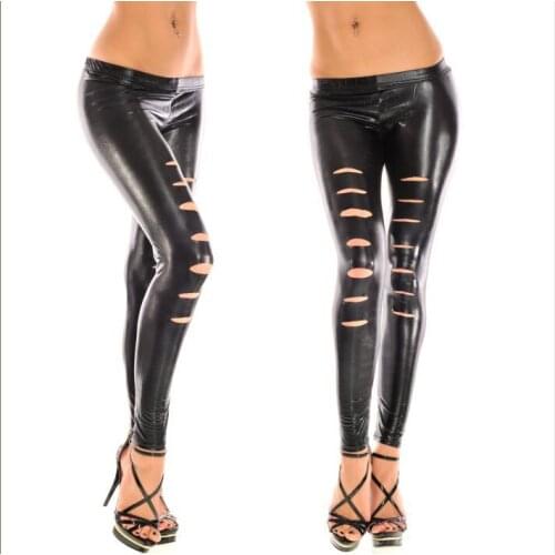 Leather Leggings Strech Black Holes Ripped PU Leggings Punk Rock Fashion Women Leggins Casual Jeggings Dancing Pant