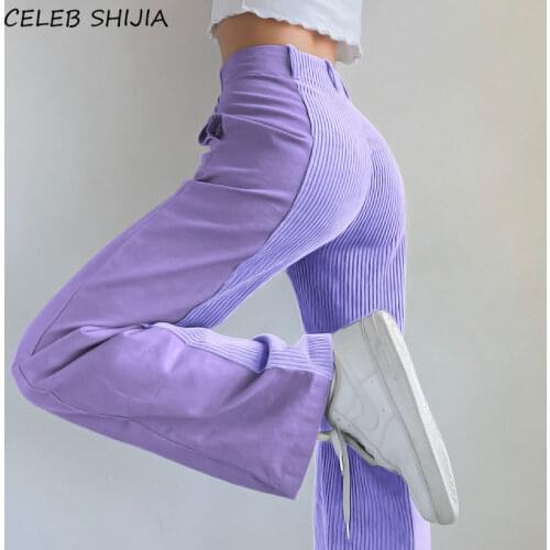 SHIJIA Purple Corduroy Pants Woman Streetwear High Waist Patchwork Straight Y2k Pants Female Bottom Pink Summer Trousers Woman