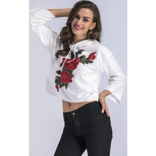 Floral Woman Pullover Hoodie Embroidered Floral Black White Hoodies Autumn Women Casual Clothing Cotton Hoodie Plus Size Y1