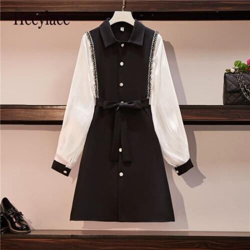 Plus Size Women Elegant Shirt Dress Autumn 2020 White Long Sleeve Patchwork Single-breasted Fake 2 Piece A-Line Dresses vestidos