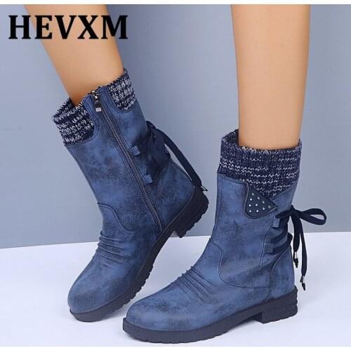 Winter Snow Boots Women Zipper Fashion PU Leather Mid-Calf Boots With Back Lace-up Design Boots Solid Low Heel Shoes Botas Mujer