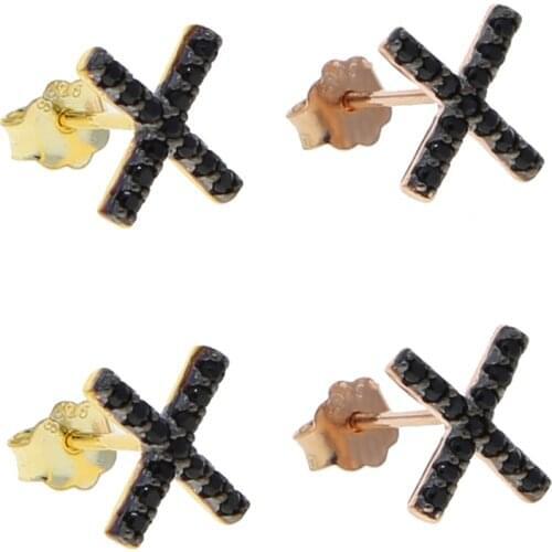 925 sterling silver rose gold color with black cz paved X cross studs for women girls classic delicate cz two tone stud earring