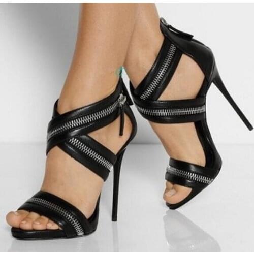 Free shipping size 35-43 big size woman sandals silver zipper decoration stiletto super high heels black leather sandal heels