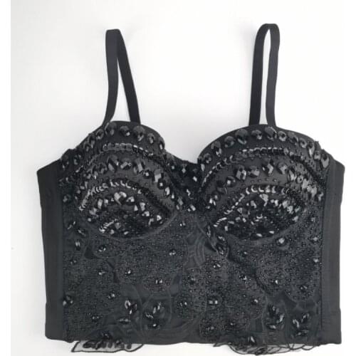 Black color Hand-made Beaded Gaga Rhinestone Bustier Pearls Push Up Night Club Bralette Womens Bra Cropped Top Vest Plus Size