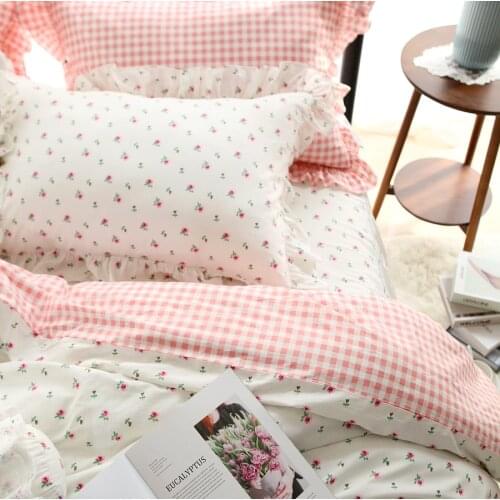 European ruffle lace Pastoral cotton bedding set flower duvet cover elegant bedspread pillowcase princess bed clothes HM-12B