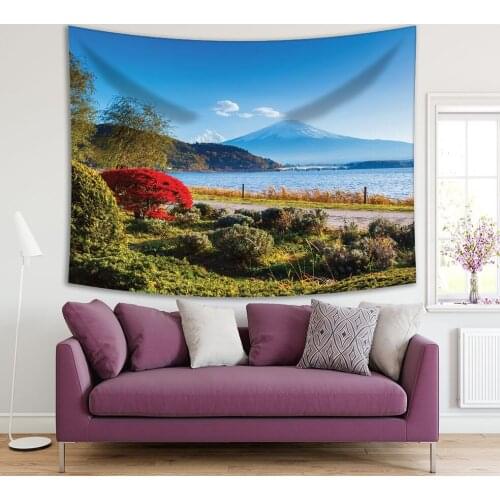 Tapestry Mount Fuji Lake Kawaguchi Lakeside Maple Tree Sunny Day Nature View in Autumn Blue Green Red