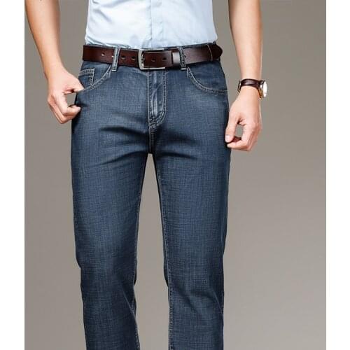 Classic Style Modal Fabric Mens Thin Blue-gray Jeans Spring and Summer New Business Fashion Straight Denim Pants Male Brand