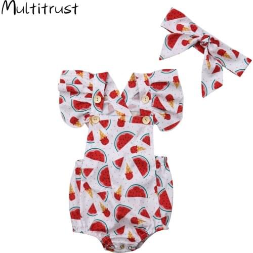 2020 Newborn Baby Girl Watermelon Jumpsuit Sleeveless Bodysuit+Headband 2pcs Clothes Outfit Size 0-24M