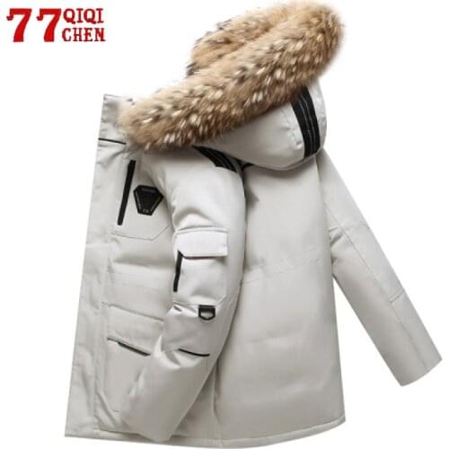 -30 Degree Thicken Warm Jacket Mens White Duck Down Parka Multi-pocket Hooded Jacket Male Casual Fur Collar Mid-length Coat