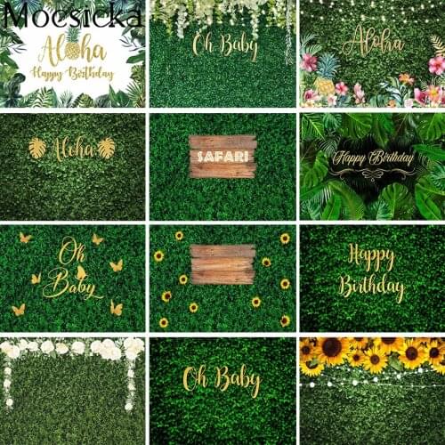 Mocsicka Green Grass Jungle Safari Party Backdrop Neutral Tropical Leaves Greenery Birthday Baby Shower Party Photo Background