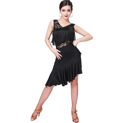 Cheap Women Dance Clothes Salsa Samba Wear Front Fringes Class Dress Spandex Lace Irregular One-piece Latin Dresses for Girls