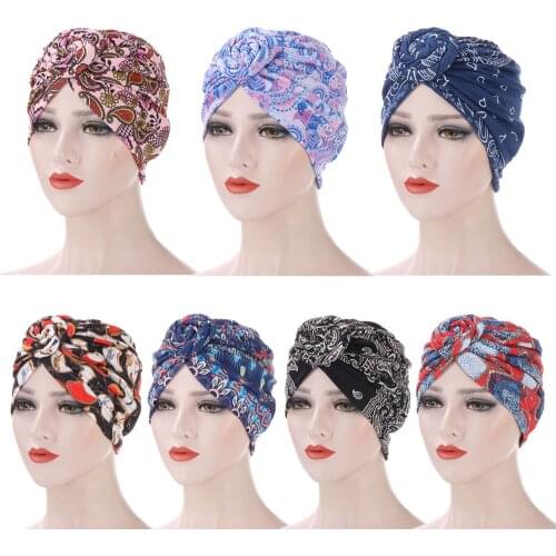 New Indian Turban Print Twist Knot Hijab Hat Muslim Women Chemo Cap Beanie Bonnet Islamic Hijabs Wrap Head Scarf Hair Loss Cover