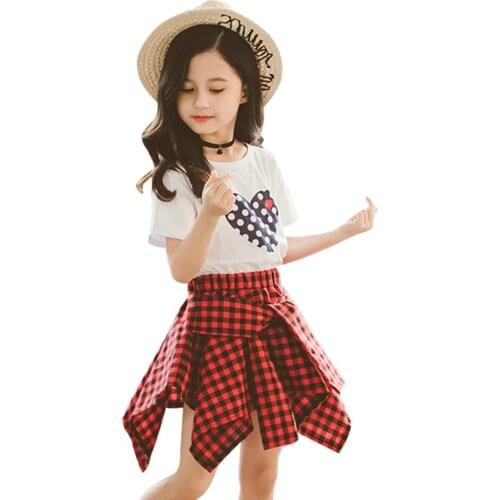 Girls Clothes Heart Tshirt + Skirt Girl Clothes Plaid Pattern Big Girls Clothes Patchwork Childrens Clothes Girl
