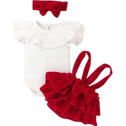 Newborn Baby Girls Lovely Clothes Sets 3pcs Flying Sleeve Ruffled Romper Velvet Suspender Shorts Headband 0-24M