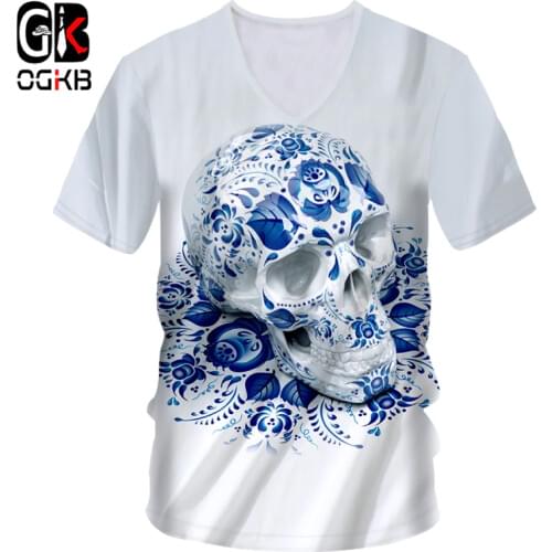 OGKB T Shirts Mens Hot V-neck Short Sleeve Skulls 3D Tee Shirt Printing Blue Skulls Hip Hop Street 7XL Clothing Unisex T-shirt
