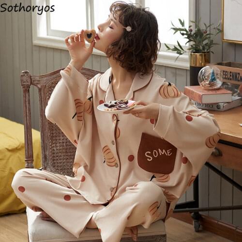 Women Pajama Sets Printed Cartoon Kawaii Turn-down Collar Leisure Fashion Chic Zip-up Korean Style Daily Spring New Homewear Ins