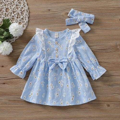 Baby Girl Long Sleeve Dress Bow Headband Daisy Print Ruffle Decoration Spring Autum Fall Clothing