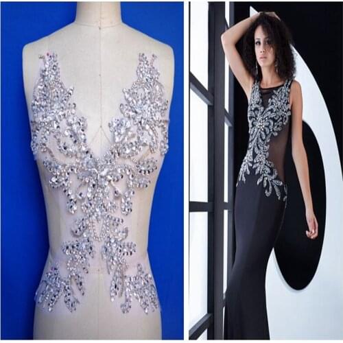 Handmade colour Hot drilling Rhinestone pearl lace embroidery patch applique wedding dress bordados DIY Performance clothing