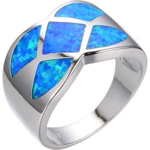 Trendy Silver Plated Blue Opalite Opal Geometric Finger Ring for Anniversary Gift Jewelry