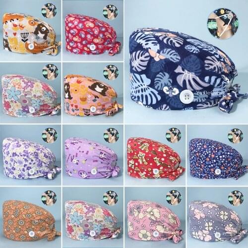 High Quality Cartoon printing caps scrubs caps adjustable unisex Multicolor spa pet store working hat cotton Elastic Scrubs caps