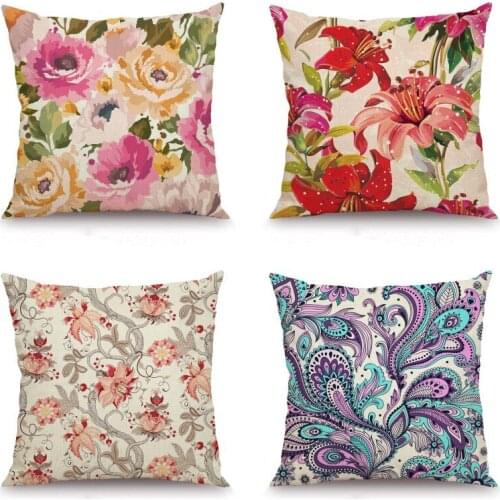 XUNYU Linen Pillowcase Sofa Decorative Pillow Cover Cartoon Flower Patterns Square Cushion Cover 45X45cm KQ48