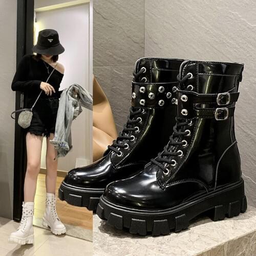 Women Martin Boots PU Fashion Thick Bottom Cross Tie Buckle Zipper Platform Shoes Female Autumn Med Heel Boots Waterproof Boots