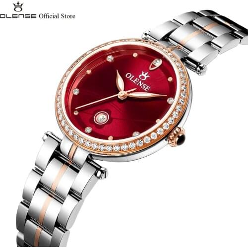 Watch Women Luxury Brand Famous OLENSE LQ8037, Rose Red Women Watches Sapphire Crystal Stainless Steel, Quartz Watch Calendar