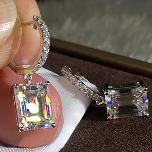 14K White Gold Women Drop Clip Hoop Earrings Moissanite Diamonds Carat Emerald Rectangle Wedding Party Engagement Anniversary