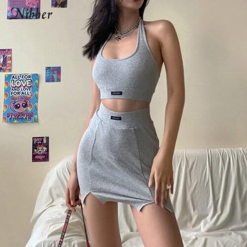 Nibber sweet College style casual home wear 2two piece sets women basic Ribbed knitting tank crop tops mini skirts suits female