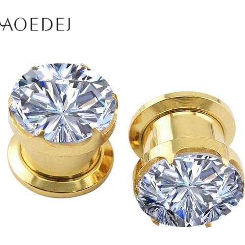 4-16mm Crystal Plugs And Tunnels Gold Stainless Steel Expander Piercing Plug Stone Metal Ear Gauges Flesh Tunnel Ear Stretchers