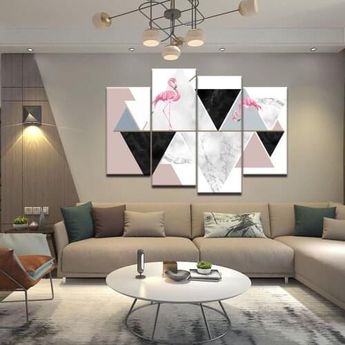 Abstract Geometric diagram Wall Art Canvas Painting Animal Bird Pink Flamingo Home Decor Living Room Picture Print Poster Mural