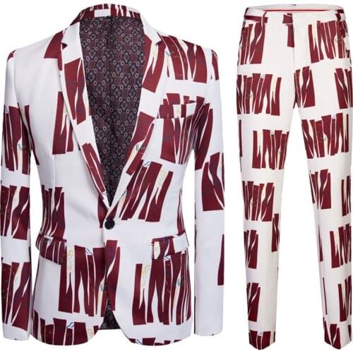 England Fashion Printed Men Suit New Slim Fit 2 Pieces Flat Collar Casual Business Suits Red Wedding Single Button Blazers Pants
