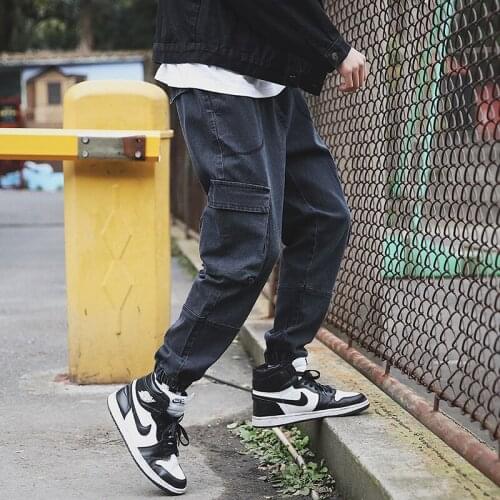 Large size casual youth jeans multi-pocket elastic waist casual pants fashion simple mens denim overalls