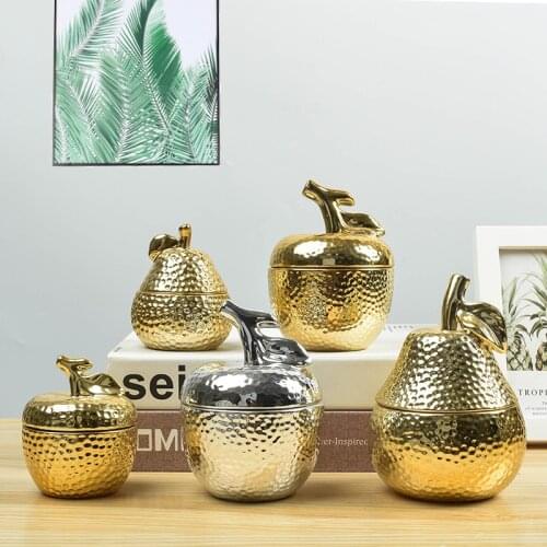 Creative Electroplating Ceramic Fruit Storage Jar Golden Pear Apple Living Room Decor Ring Necklace Storage Box Home Decoration