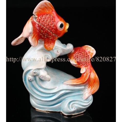 Collectible Fish Statues Decoration Trinket Box Fishes Fish Jewelry Box Pewter Enamel Decor Ocean Animal Jewelry Ring Holder