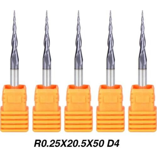 5pcs/Lot R0.25*D4*20.5*50L*2F HRC55 Tungsten Solid carbide Coated Tapered Taper Ball Nose End Mill cone type cnc Milling cutter