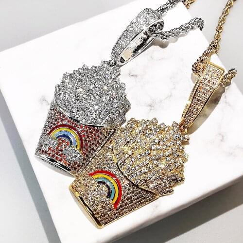 Iced Out French Fries Shape Pendants With Tennis Chain 2 Colors AAA Zircon Necklace Hip Hop Jewelry Gifts