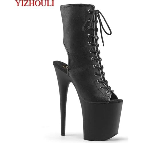 Matt black 20 cm stage shoes, 8 inch model stiletto heels, fish mouth zip openings, nightclub pole dancing ankle boots