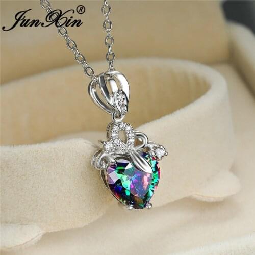 Mystic Rainbow Crystal Heart Pendant Clavicle Necklaces For Women White Gold Yellow Rose Gold Wedding Necklace Valentine Jewelry