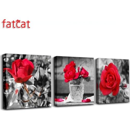 FATCAT 5d diy diamond painting still life red rose flower full square round drill diamond embroidery kit triptych decor AE249