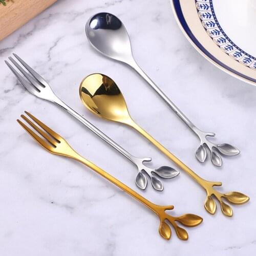 10psc Stainless steel leaves coffee tea stir mini spoon dessert fruit jelly spoon fork scoop leisure souvenir gift kitchen