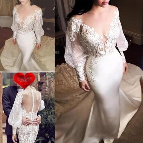 2020 Sexy Mermaid Wedding Dresses Sheer 3D Lace Appliques Puff Long Sleeves Wedding Dress Satin Count Train Bridal Gowns Back Bu