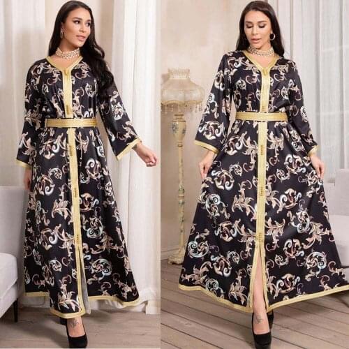 Ramadan Eid Muslim Print Long Dress Abaya Women Islamic Arabic Caftan Turkish Middle East Vintage Maxi Robe Gown V-neck Fashion