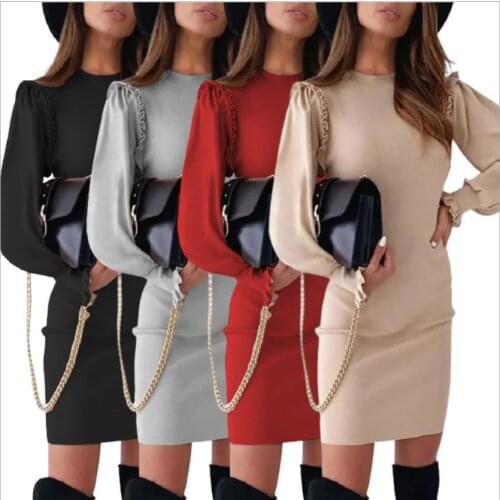 Euamerican autumn winter explosively pure color circle gets lotus leaf sleeve to slim the body sexy dress dress