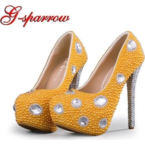 Wedding Shoes Yellow Pearl High Heel Platforms Wedding Party Pumps with Silver Rhinestone Heel Bridal Dress Shoes Plus Size