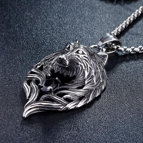 Titanium Stainless Steel Animal Pendant Necklace Crystal Black Wolf Punk Rock Tribal with 24inch Chain Necklace