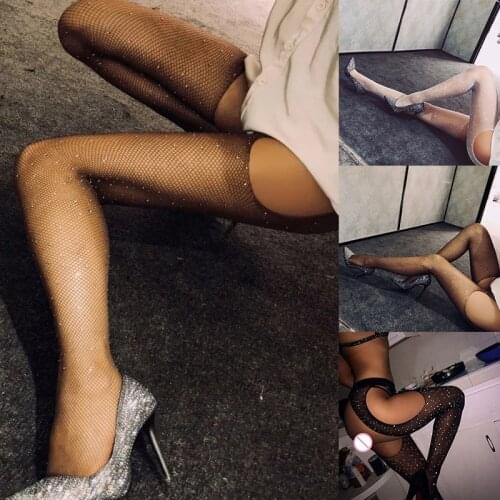 Women Rhinestone Fishnet Mesh Pantyhose Stockings Hollow Shiny Tights Party Club wear TK-ing