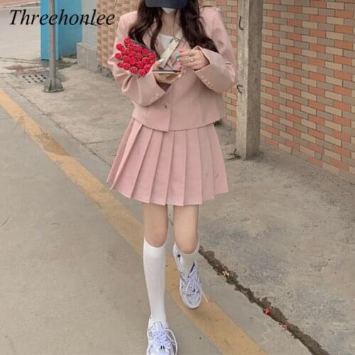 Japanese Sweety Vintage Womens Suit Tsummer 2021 Urn-down Collar Full Sleeve Shirt Kawaii Pleated Mini Skirt Two-piece Sets