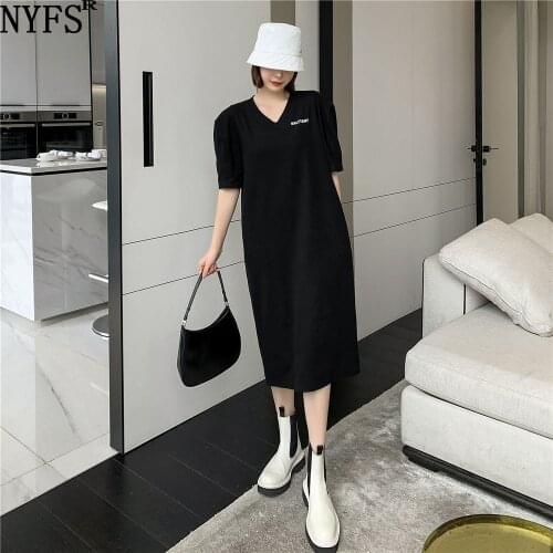 NYFS Summer Dress 2021 Korean New Loose solid Woman Dress Vestidos Robe Elbise Fashion Cotton Puff sleeve Dresses
