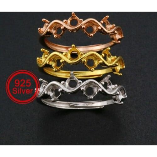 3MM Round Prong Ring Settings Curved 6 Stones Solid 925 Sterling Silver Rose Gold Plated DIY Adjustable Ring Bezel 1210088